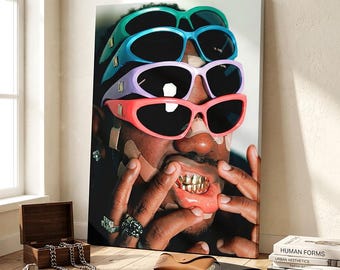 Hypebeast Wall Art, Urban Hip Hop Canvas Print, Colorful Sunglasses Poster, Streetwear Room Decor, Modern Pop Art Portrait, Cool Guy Gift