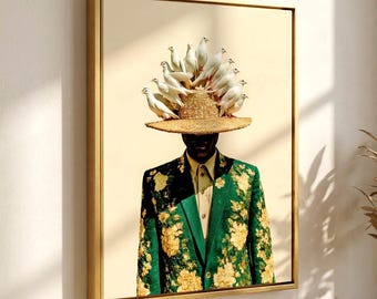 Surreal Portrait Canvas Wall Art, Man With Birds On Hat Print, Quirky Eclectic Decor, Modern Surrealist Poster, Unique Housewarming Gift