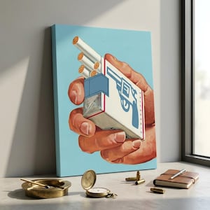 May include: A canvas print featuring a hand holding a cigarette pack with a blue revolver graphic. The pack is white with blue accents and the word "CIGARETTES" is visible. The background is light blue.