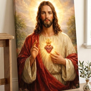 Peut inclure: Impression sur toile d'une figure religieuse aux longs cheveux bruns et &agrave; la barbe, v&ecirc;tue d'une robe blanche et d'un drap&eacute; rouge. Un c&oelig;ur brillant avec une couronne est centr&eacute; sur la poitrine. Un halo dor&eacute; entoure la t&ecirc;te. L'arri&egrave;re-plan montre des arbres et un ciel lumineux.