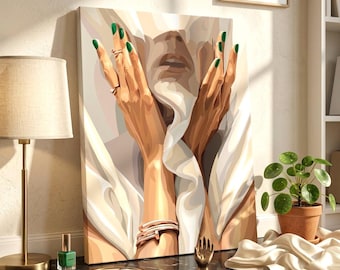 Beige Aesthetic Canvas Art, Glamour Woman Hands Poster, Emerald Green Wall Decor, Modern Nail Salon Artwork, Trendy Studio Decor