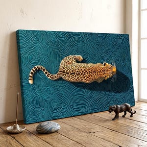 Teal Leopard Canvas Wall Art, Abstract Animal Print Poster, Maximalist Jaguar Decor, Wild Cat Painting, Large Bedroom Canvas Art image 1