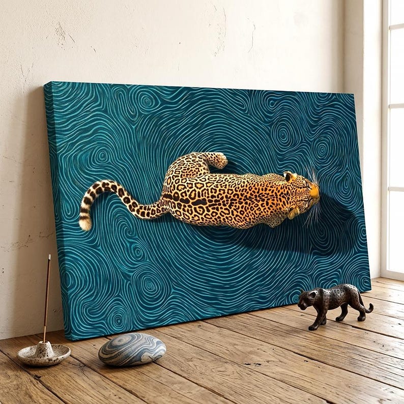 Teal Leopard Canvas Wall Art, Abstract Animal Print Poster, Maximalist Jaguar Decor, Wild Cat Painting, Large Bedroom Canvas Art image 1