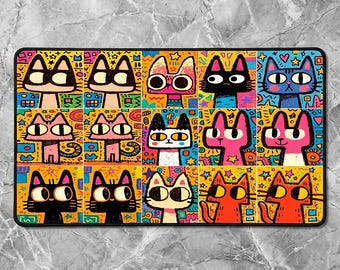 Cute Cat Large Desk Pad, Colorful Pop Art Mousepad, Aesthetic Office Decor, Birthday Gift for Cat Lover, Vibrant Desk Topper Mouse Mat