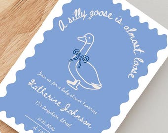A Silly Goose Is Almost Loose Baby Shower Invitation, Goose Theme Baby Shower, Baby Boy Invite, Editable Canva Invitation (Digital Download)