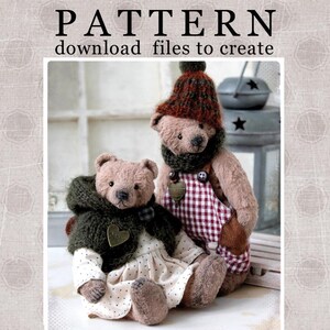 May include: Two handmade teddy bears, one wearing a green knitted scarf and a white dress with polka dots, the other wearing a red and white plaid overall and a brown knitted hat.