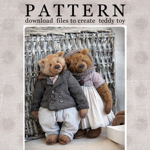 Op de afbeelding: Een patroon voor het maken van een teddybeer. Het patroon bevat instructies voor het maken van twee beren, een in een bruin tweed jasje en broek en de andere in een witte jurk met roze stippen.