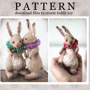 May include: Two plush bunny teddy bears with brown fur, one with a green and white ruffled collar and the other with a purple ruffled collar. The bears are standing next to each other and the one with the green collar is holding a small bell. The text "PATTERN download files to create teddy toy" is at the top of the image.