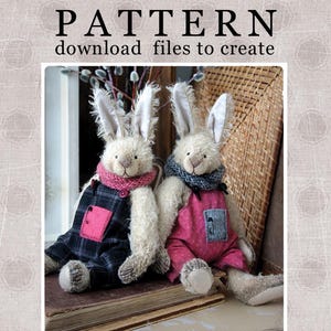May include: Two plush bunny dolls with long ears, wearing overalls and scarves. One bunny has a pink scarf and blue plaid overalls with a pink pocket. The other bunny has a blue scarf and pink overalls with a gray pocket. The text "PATTERN download files to create" is at the top.