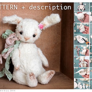 Puede incluir: Un peluche de conejo blanco con una flor rosa en la oreja y una cinta verde y rosa alrededor del cuello. El conejo est&aacute; sentado sobre una superficie de madera. La imagen tambi&eacute;n incluye una serie de im&aacute;genes m&aacute;s peque&ntilde;as que muestran los pasos involucrados en la elaboraci&oacute;n del conejo.