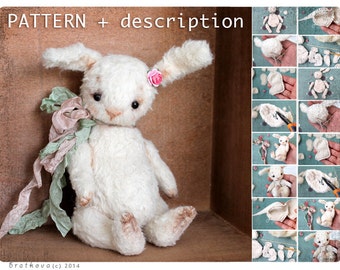 Puede incluir: Un peluche de conejo blanco con una flor rosa en la oreja y una cinta verde y rosa alrededor del cuello. El conejo está sentado sobre una superficie de madera. La imagen también incluye una serie de imágenes más pequeñas que muestran los pasos involucrados en la elaboración del conejo.