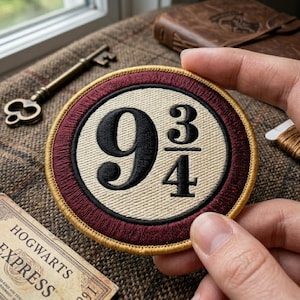 Embroidered Number Patch, Magic School Inspired Iron On Patch, Round Retro Badge for Denim Jacket, Number 9 and Three Quarters Sew On Decal