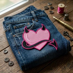 May include: Blue denim jeans with a pink heart-shaped patch featuring black horns and a tail. The patch is embroidered with black thread. The jeans are folded on a wooden surface.