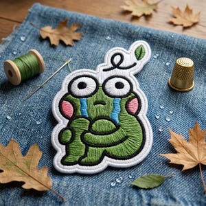 Cute Crying Frog Embroidered Patch, Sad Green Toad Iron On Patch, Decorative Applique for Jackets Jeans Backpacks, Funny Animal Badge