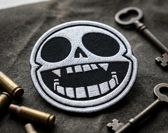 Cute Skull Embroidered Patch, Spooky Smiling Skeleton Badge, Gothic Iron on Patch for Jackets, Halloween Skull Applique, Punk Backpack Patch