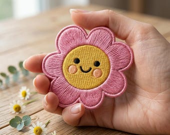 Smiling Flower Embroidered Patch, Cute Pink Daisy Iron On Patch, Happy Face Flower Applique for Jackets, Retro 70s Floral Patches for Bags