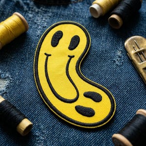 Melted Happy Face Patch, Distorted Smile Embroidered Patch, Retro Wavy Happy Face Iron On Patches for Jackets, Groovy Aesthetic Badge