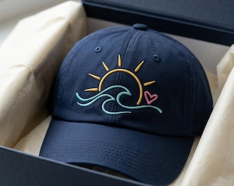 Gorra de béisbol bordada con olas del océano y sol, sombrero minimalista de playa de verano, lindo sombrero de sol con corazón para mujer, gorra estética para papá al aire libre, regalo