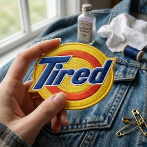 May include: Embroidered patch with the word "Tired" in blue, yellow, and red. The patch is held over a denim jacket. A small bottle of lavender laundry starch, a white cloth, and a spool of blue thread are also visible.