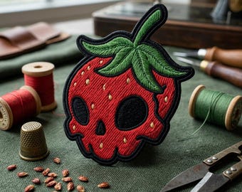 Strawberry Skull Embroidered Patch, Cute Goth Fruit Iron On Patch, Aesthetic Skeleton Berry Badge, Creepy Cute Cottagecore Jacket Decor