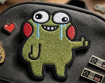 Funny Frog Embroidered Patch, Crying Laughing Green Monster Iron On Patch, Cute Meme Badge for Backpack, Trendy Jacket Denim Decor