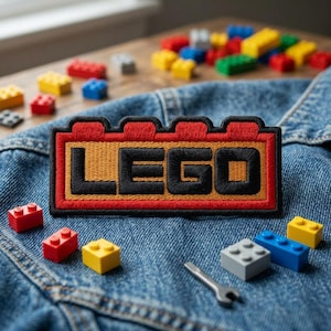 May include: A rectangular LEGO patch with the word "LEGO" embroidered in black on a yellow and red background, placed on a denim jacket. Several colorful LEGO bricks and a small wrench are scattered around the patch.