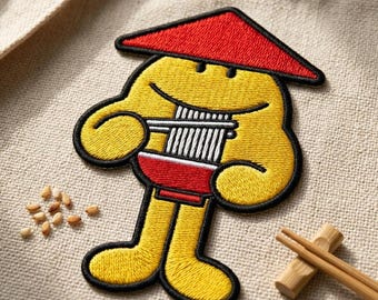 Cute Ramen Monster Embroidered Patch, Funny Noodle Lover Iron On Patch, Asian Food Mascot Badge for Jackets, Kawaii Clothing Applique
