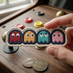 Retro Arcade Ghost Patch, Pixel Art Embroidered Iron On, 80s Video Game Aesthetic Applique for Denim Jackets, Colorful Gaming Accessories