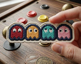 Retro Arcade Ghost Patch, Pixel Art Embroidered Iron On, 80s Video Game Aesthetic Applique for Denim Jackets, Colorful Gaming Accessories