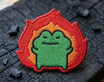 Funny Green Frog on Fire Embroidered Patch, Cute Angry Monster Iron On Patch for Jackets, Cool Flame Badge Backpack Decor, Meme Gift