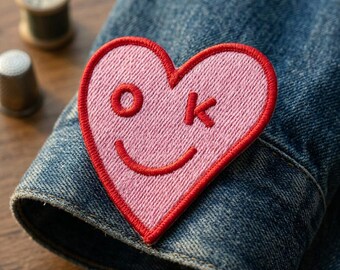 Pink Heart Embroidered Patch, OK Smile Face Iron On Patch, Cute Valentine Heart Badge for Denim Jacket, Kawaii Aesthetic Jeans Applique