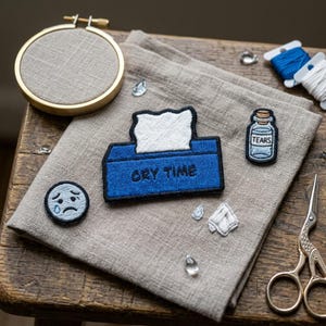 Cry Time Embroidered Patch - Sad Girl Club Iron On Patch - Blue Tissue Box Badge for Denim Jacket - Mental Health Awareness Gift - Sad Vibes