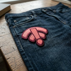 May include: A pair of dark blue denim jeans featuring an embroidered patch on the front. The patch is shaped like a stylized Wi-Fi symbol with an exclamation point integrated into the design, rendered in shades of light pink and dark maroon thread.