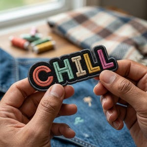 May include: A colorful embroidered patch with the word "CHILL" in a retro font. The patch features a black border and the letters are in shades of orange, green, yellow, and pink. The patch is held in front of a denim jacket.