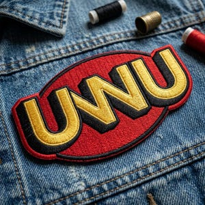 May include: Embroidered patch with the word "UWU" in yellow and black on a red oval. The patch is on a denim jacket. Sewing supplies, including thread and a thimble, are in the background.