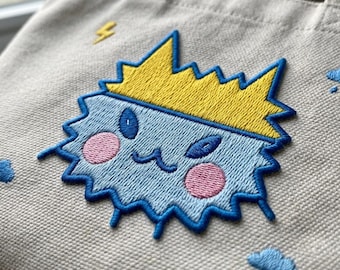 Cute Monster Embroidered Patch, Kawaii Storm Cloud Iron On Patch, Yellow Crown Badge for Tote Bag, Quirky Cartoon Jacket Patches DIY