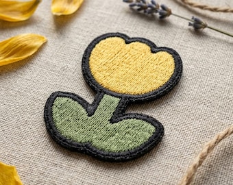 Yellow Tulip Patch, Cute Flower Embroidered Patch for Backpack, Minimalist Floral Iron On Patch, Kawaii Spring Badge, Aesthetic Patch