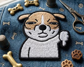 Funny Dog Embroidered Patch, Grumpy Puppy Iron On Patch, Sarcastic Thumbs Down Badge, Moody Animal Applique for Jackets Backpacks