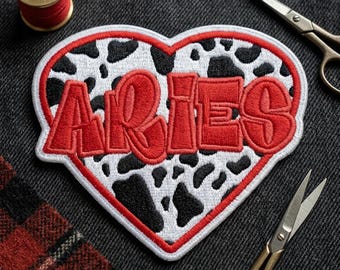 Aries Zodiac Patch, Cow Print Heart Embroidered Patches, Western Astrological Sign Badge, Iron on Patch for Denim Jacket, Trendy Aesthetic