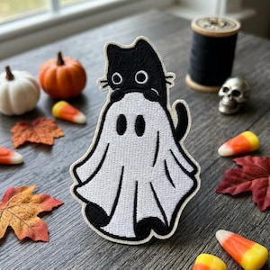 Ghost Cat Embroidered Patch, Cute Spooky Black Cat Iron On Patch, Cute Halloween Costume Sheet Ghost Patch, Jacket Backpack Patch
