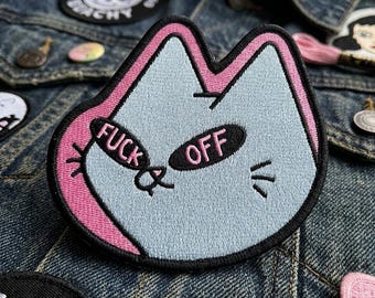 Sarcastic Cat Embroidered Patch - Rude Blue Kitty Iron On Badge for Denim Jackets - Snarky Animal Patches for Backpacks - Grumpy Cat Gift