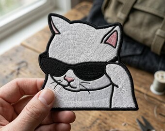 Cool Cat with Sunglasses Embroidered Patch - White Kitty Iron On Badge - Aesthetic Meme Cat Decal for Jackets, Backpacks, and Tote Bags