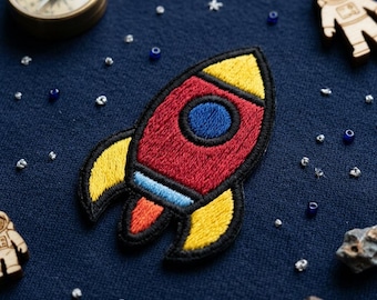 Rocket Ship Embroidered Patch, Outer Space Iron On Patch, Cute Spaceship Badge for Backpack, Astronomy Applique for Jacket