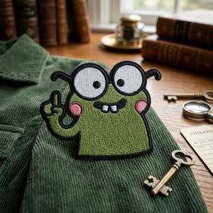 May include: Embroidered green patch featuring a cartoon frog wearing glasses and giving a hand gesture. The patch has black outlines, white eyes, pink cheeks, and a white toothy grin. The patch is on a green corduroy jacket.