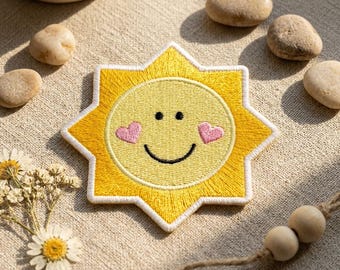 Cute Sun Embroidered Patch, Happy Smiley Face Iron On Patch, Yellow Sunshine Badge for Jackets Backpacks, Kawaii Heart Cheek Patches