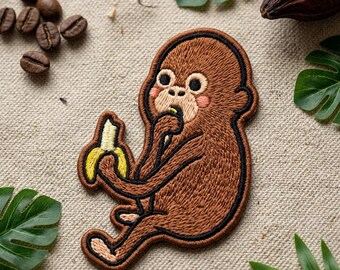 Cute Monkey Embroidered Patch, Baby Orangutan Iron On Patch, Jungle Animal Badge, Chimp Eating Banana Patches for Jackets Backpacks