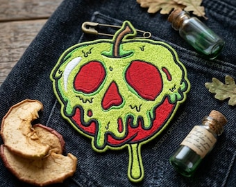 Poisonous Apple Embroidered Patch, Gothic Skull Apple Iron On Patch, Spooky Halloween Badge, Witchy Poison Apple Jacket Patch