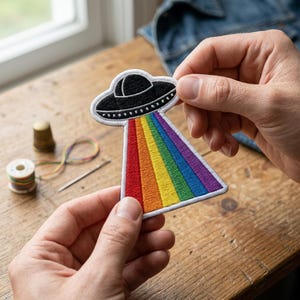 Rainbow UFO Embroidered Patch, Retro Space Iron On Patch, Alien Abduction Badge, Pride Flying Saucer Decal, Sci-Fi Gift for Jacket, Cool Art