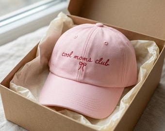 Cool Moms Club Embroidered Baseball Cap, Cute Mom Hat with Bow, New Mom Gift, Minimalist Cotton Dad Hat, Mother's Day Gift, White Cap