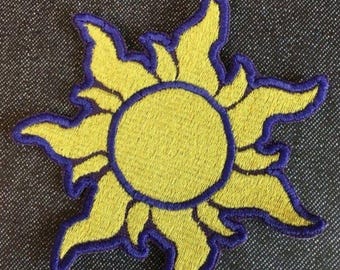Golden Sun Embroidered Patch, Purple and Yellow Sunburst Iron On Patch for Jackets, Celestial Sun Badge, Cute Backpack Patches